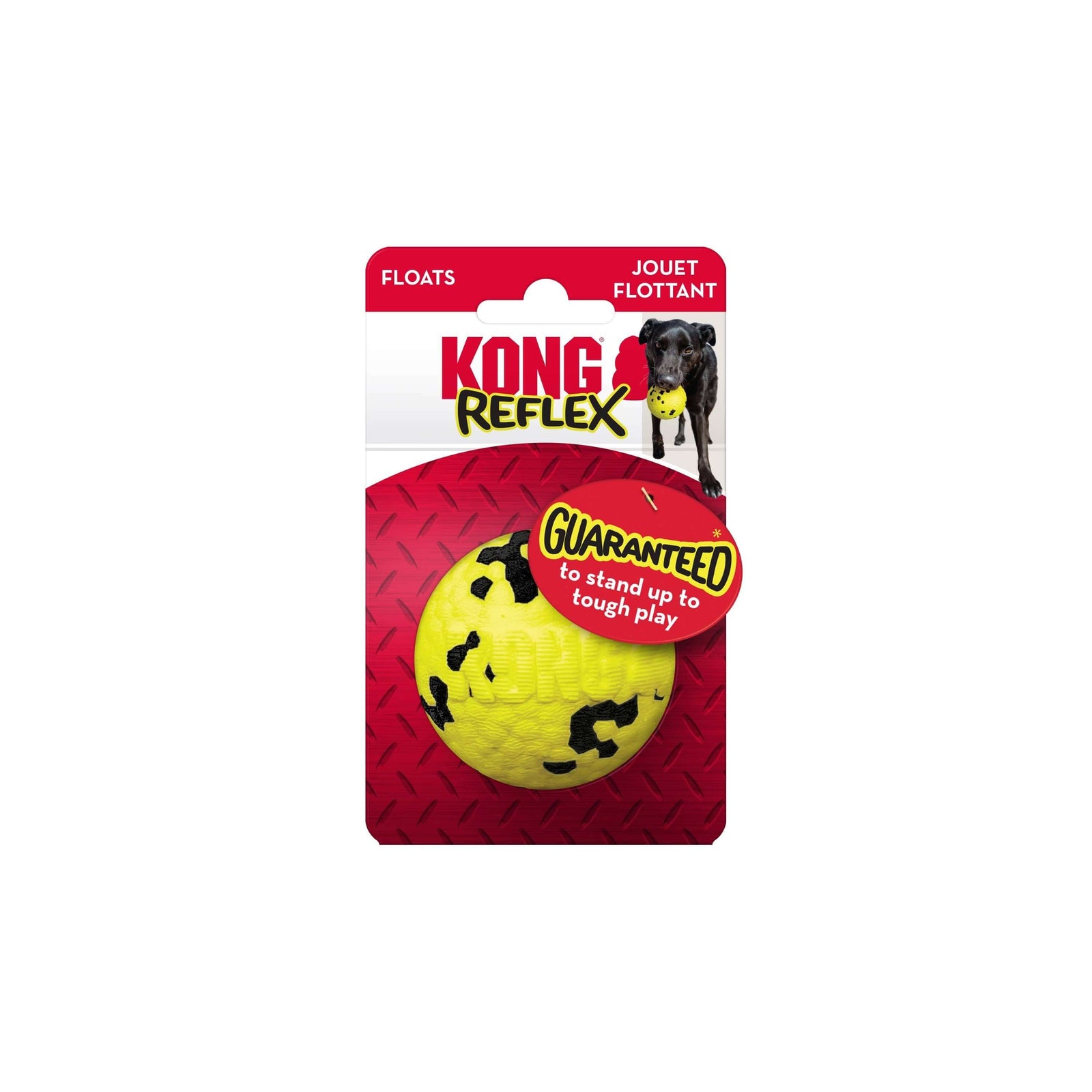 Yellow dog toy with black paw prints on a red KONG Reflex packaging.