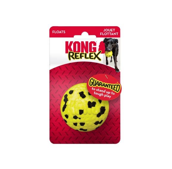 Kong Reflex dog toy packaging with a yellow ball on a red background