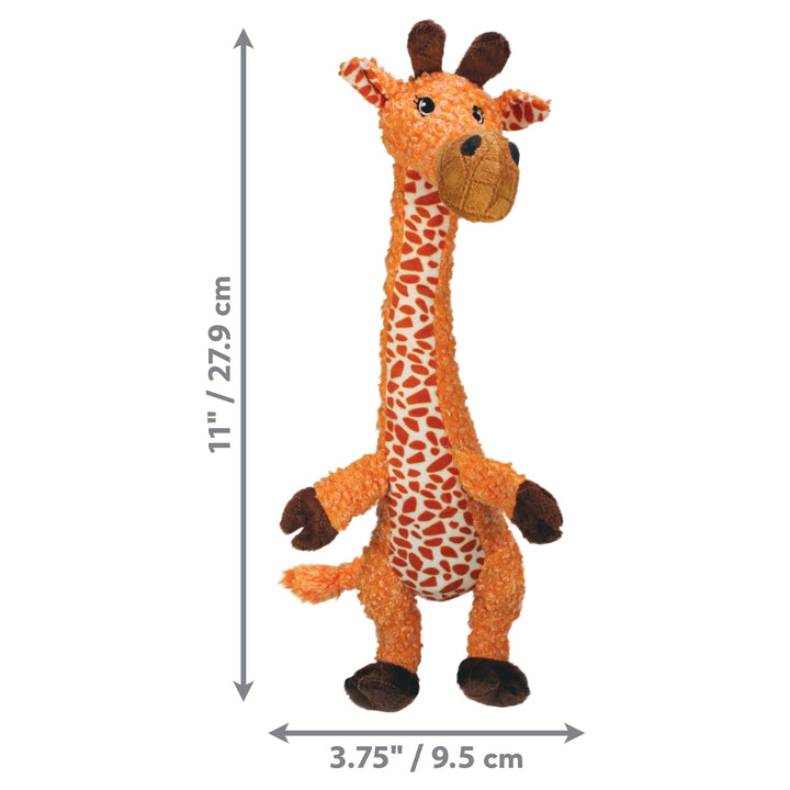Plush giraffe toy with measurements on a white background