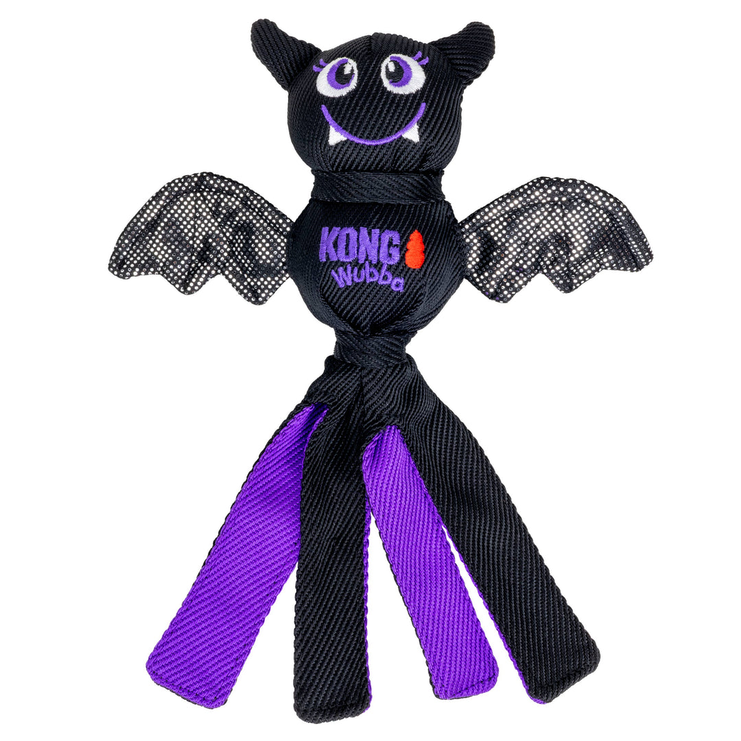 Black and purple bat-shaped KONG Wubba toy on a white background