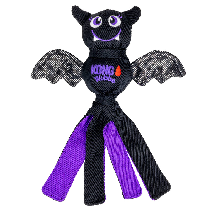 Black and purple bat-shaped KONG Wubba toy on a white background