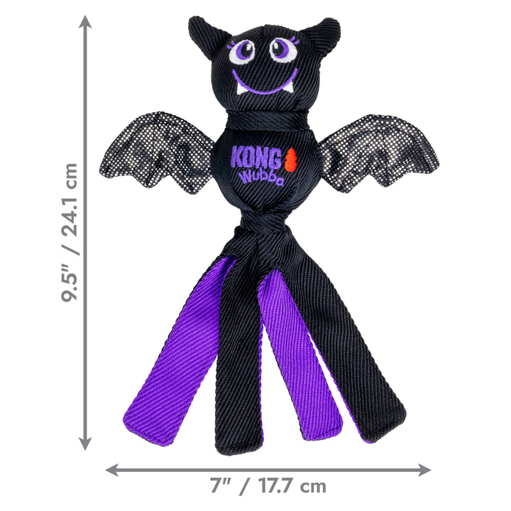 Kong Wubba Halloween Bat toy with measurements on a white background