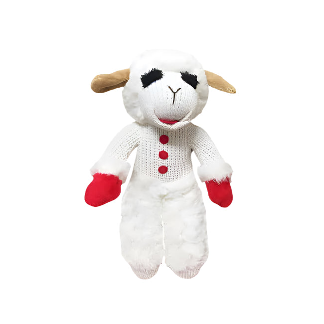 Knitted toy sheep with red buttons on a white background