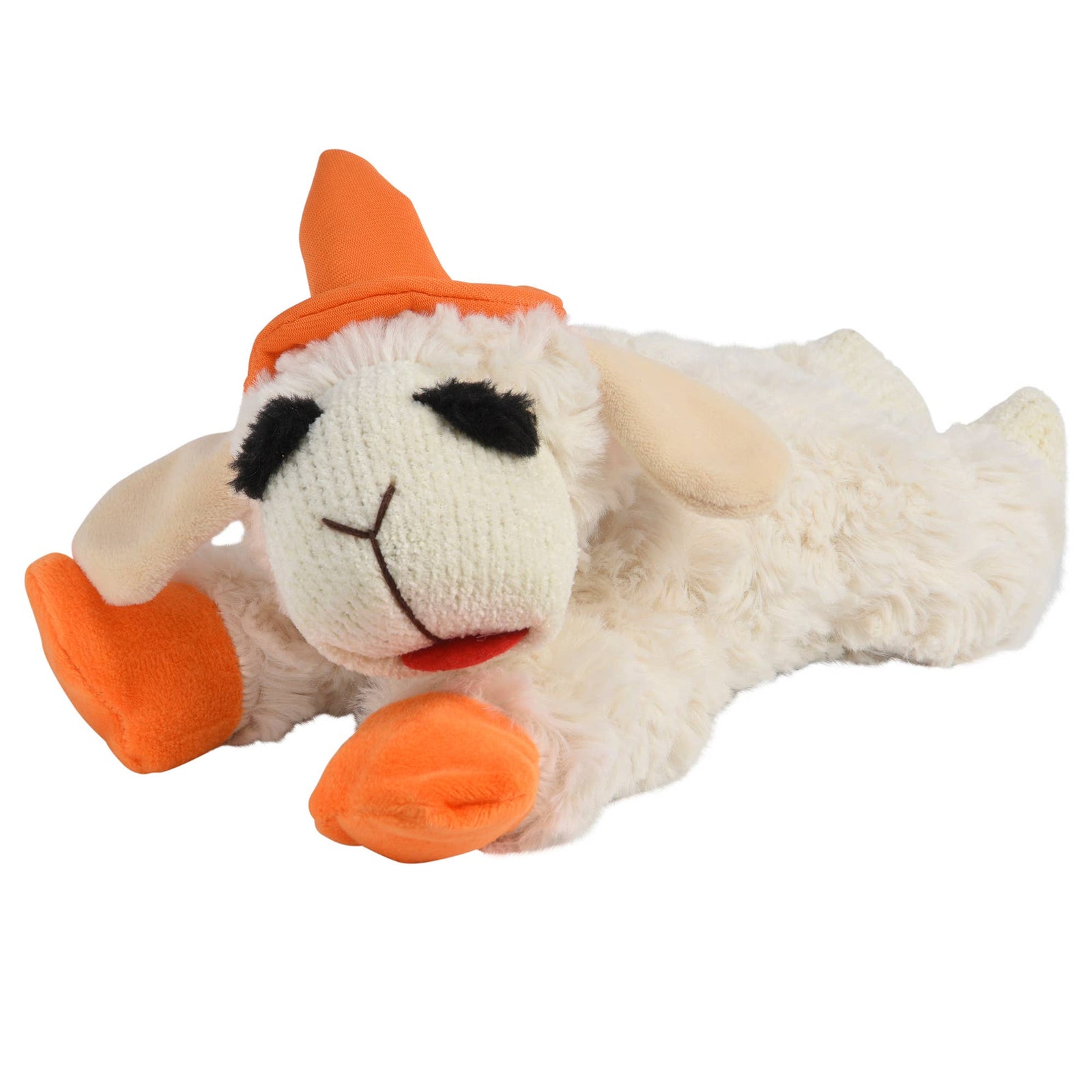 Plush toy sheep with an orange hat on a white background