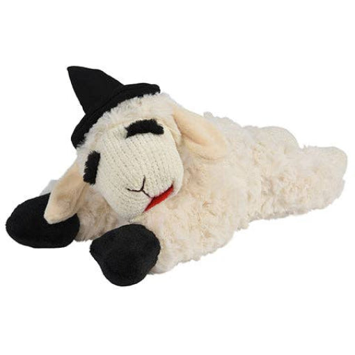 Plush toy sheep with a witch hat on a white background