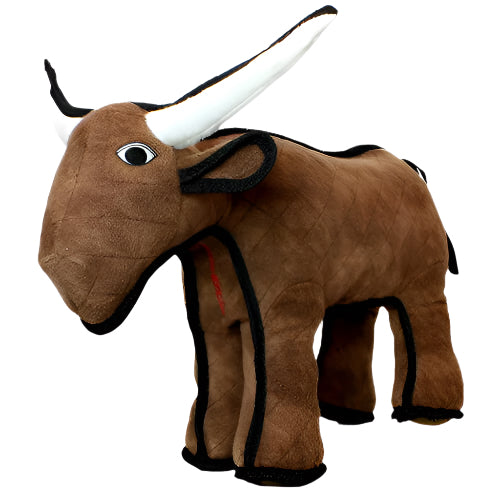 Front-facing view of a large brown plush longhorn dog toy with white horns and black trim