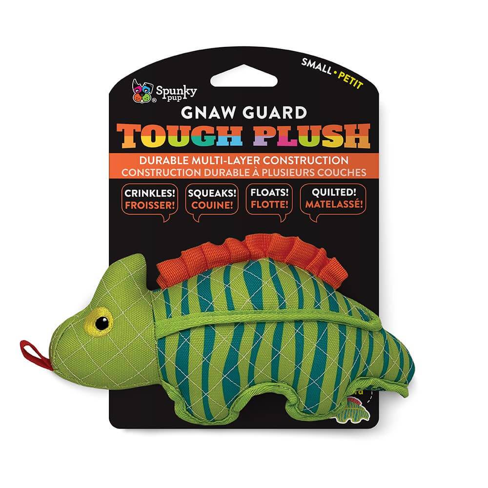 Green and orange plush toy with Spunky Pup branding on packaging