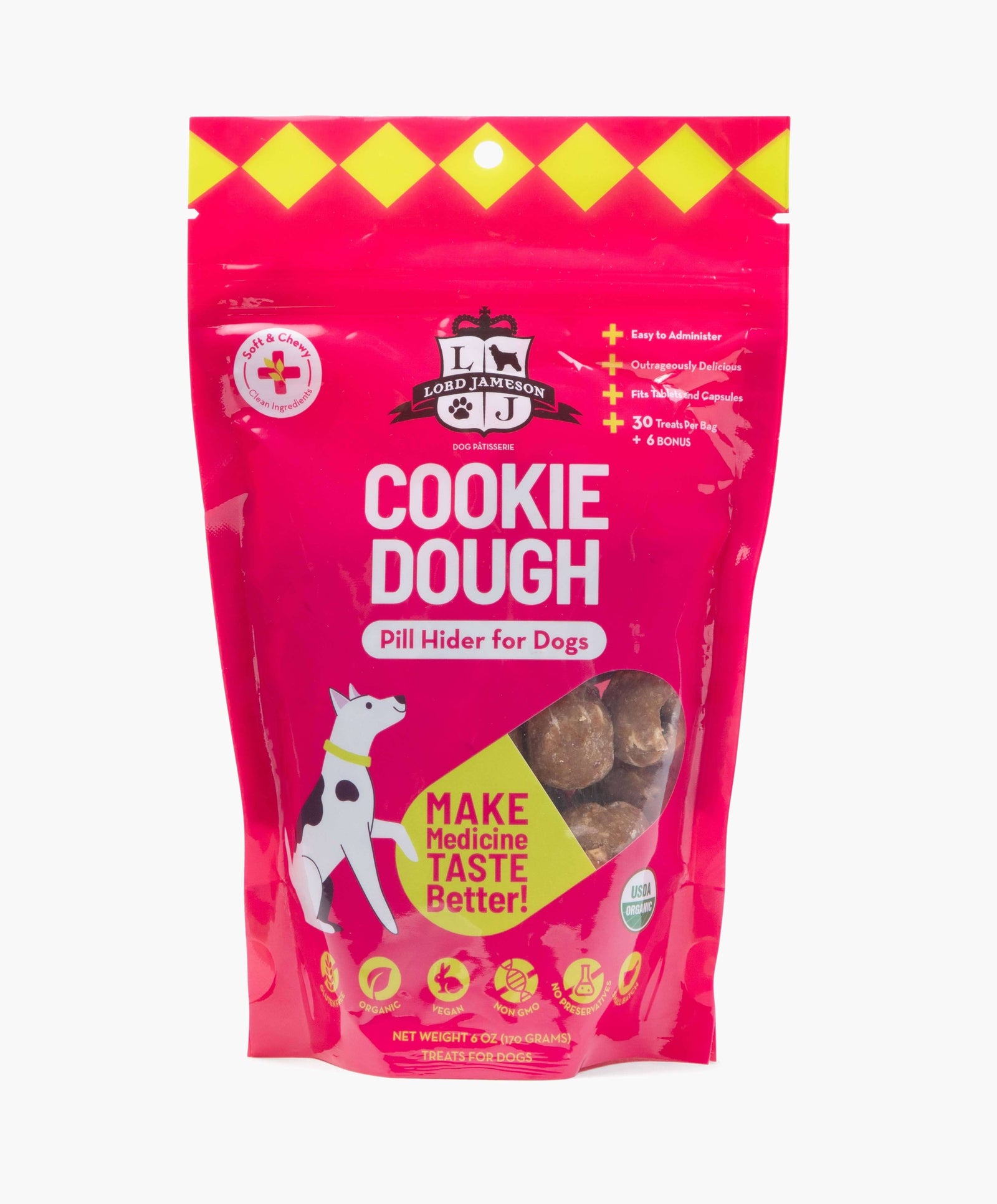 Pink package of 'Cookie Dough' pill hider for dogs with a cartoon dog on a white background