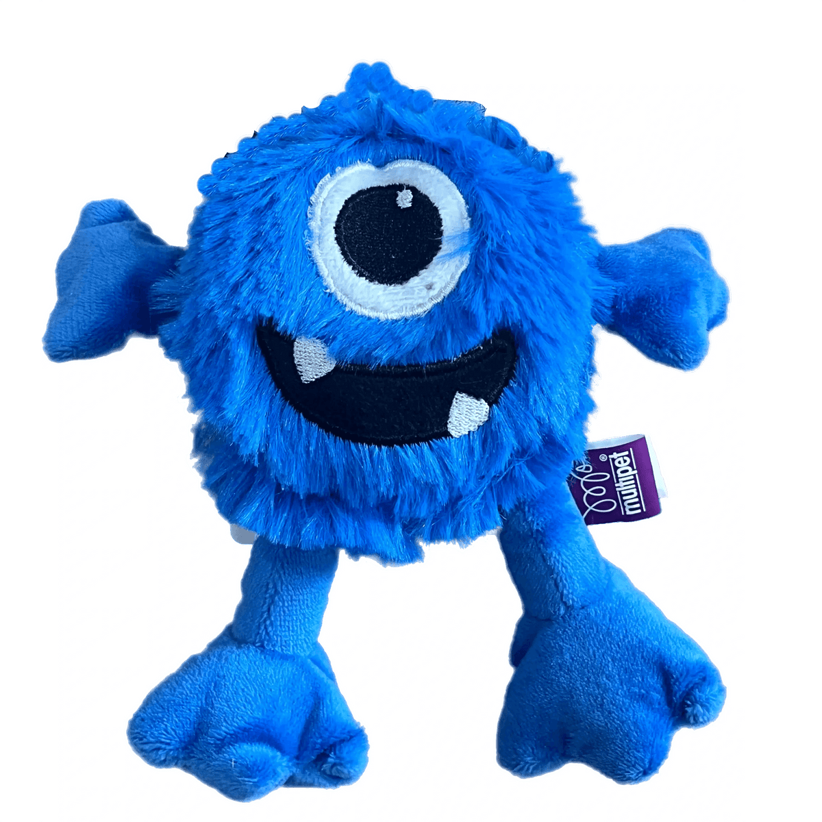 Blue plush dog toy with one eye and a tag on a white background