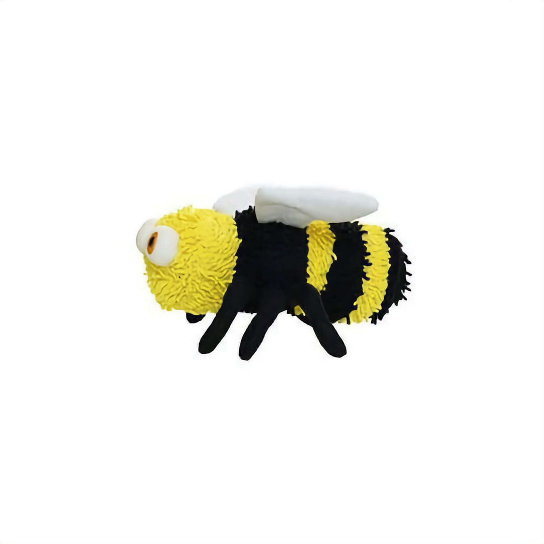A plush bee toy with a fuzzy yellow and black body, white wings, and black legs, shown on a plain white background.