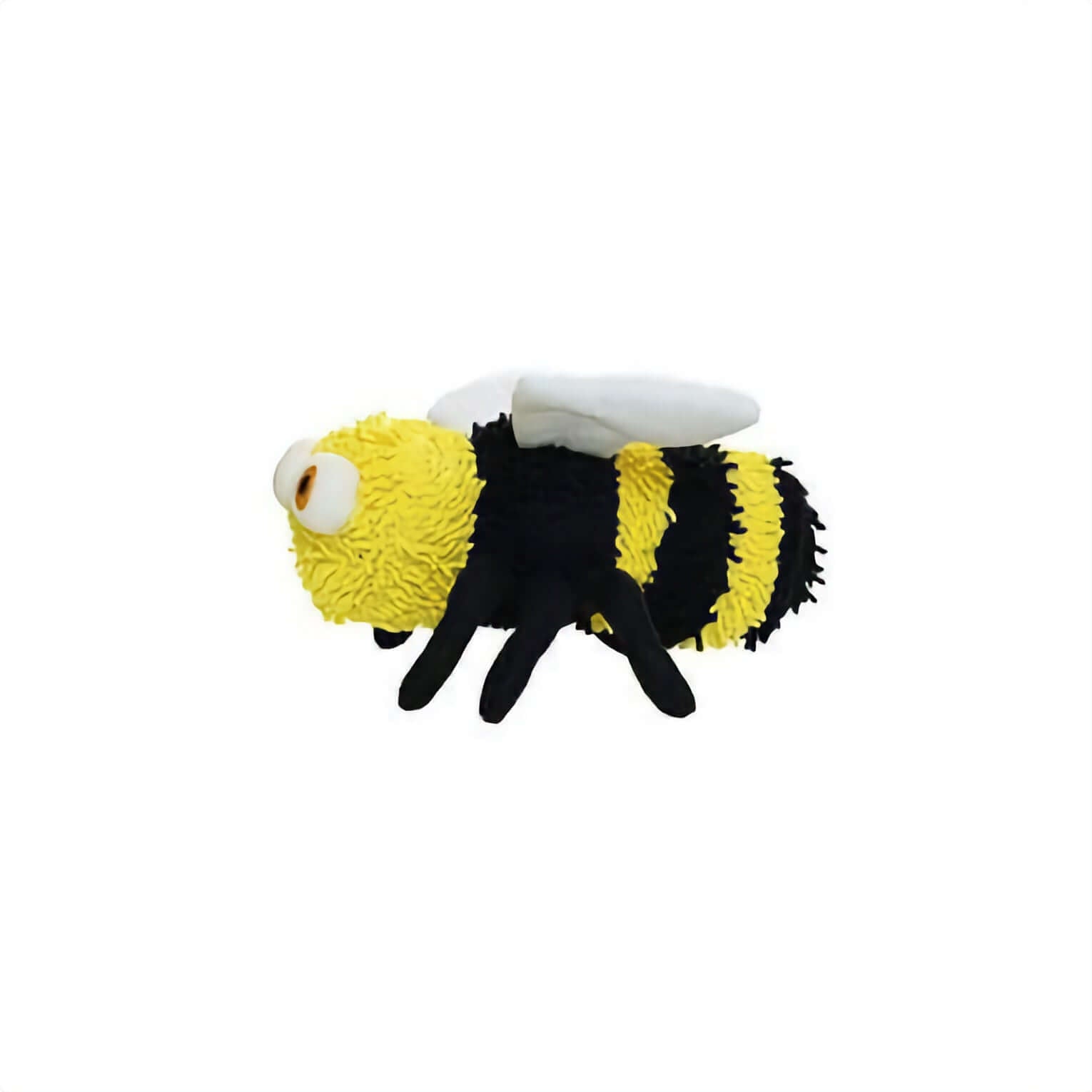 A plush bee toy with a fuzzy yellow and black body, white wings, and black legs, shown on a plain white background.