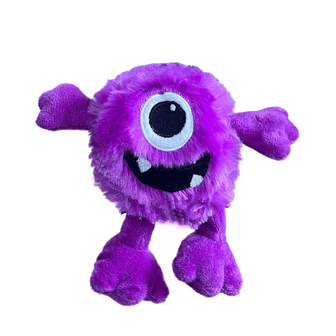 A purple fuzzy monster plush toy with one large cartoon eye, black embroidered mouth, and small white teeth, isolated on a white background.