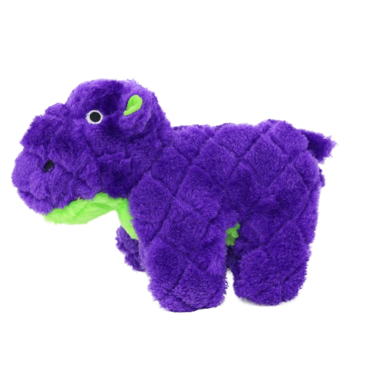 A purple plush hippo toy with a diamond-quilted texture and bright green accents on its mouth, ears, and belly, shown against a plain white background.