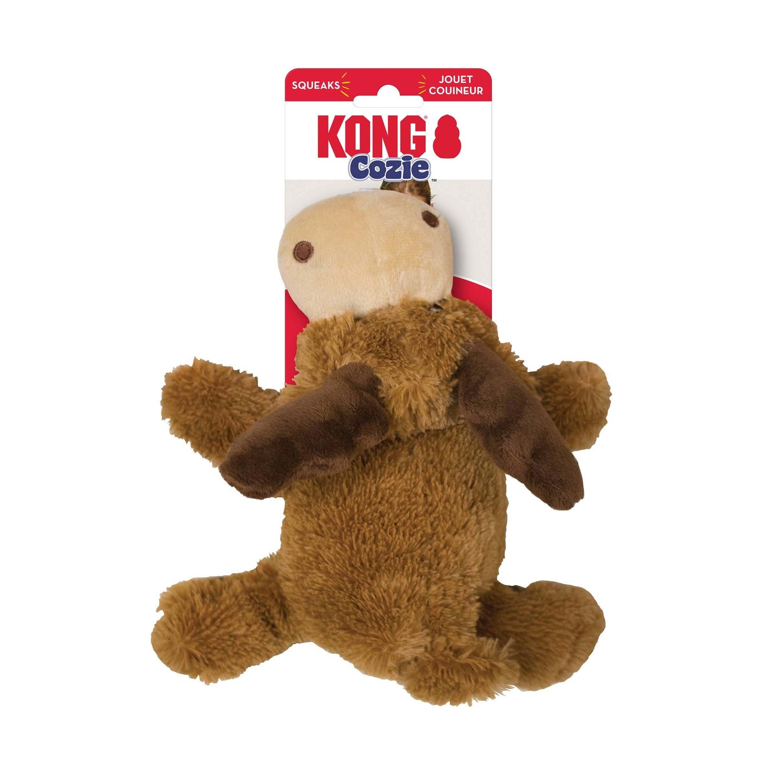 Brown plush dog toy with a red and white KONG Cozie packaging on a white background