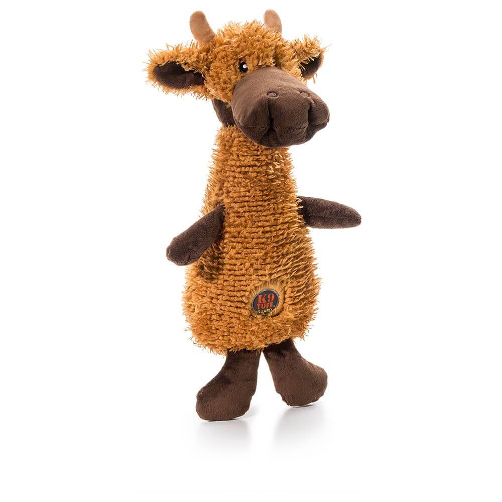 Plush toy moose with brown fur and a visible brand logo on a white background
