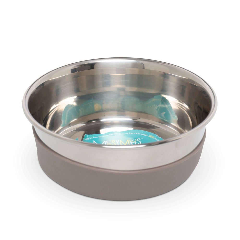 Stainless steel dog bowl with removable gray non-slip silicone base, shown inside and upside-down to highlight durable, easy-to-clean design.