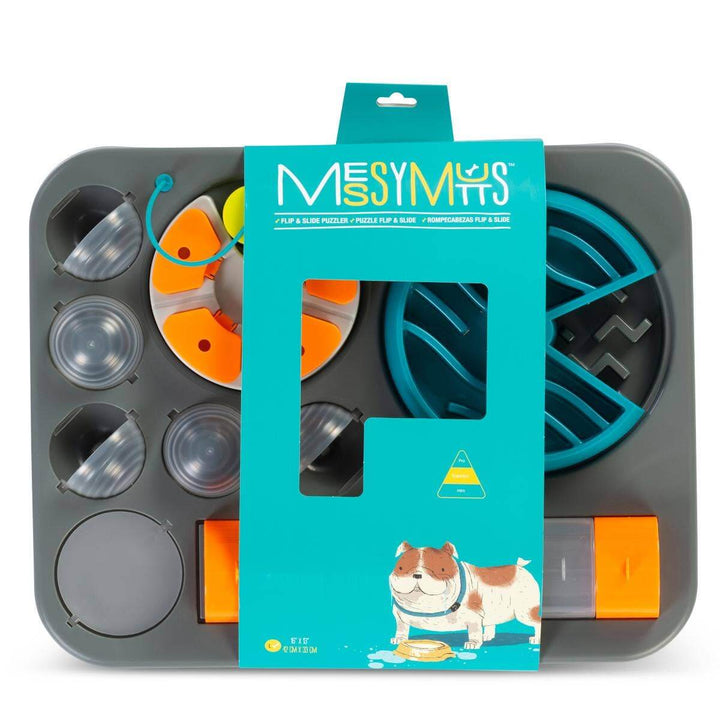 Messy Mutts Flip & Slide dog puzzle toy in retail packaging.