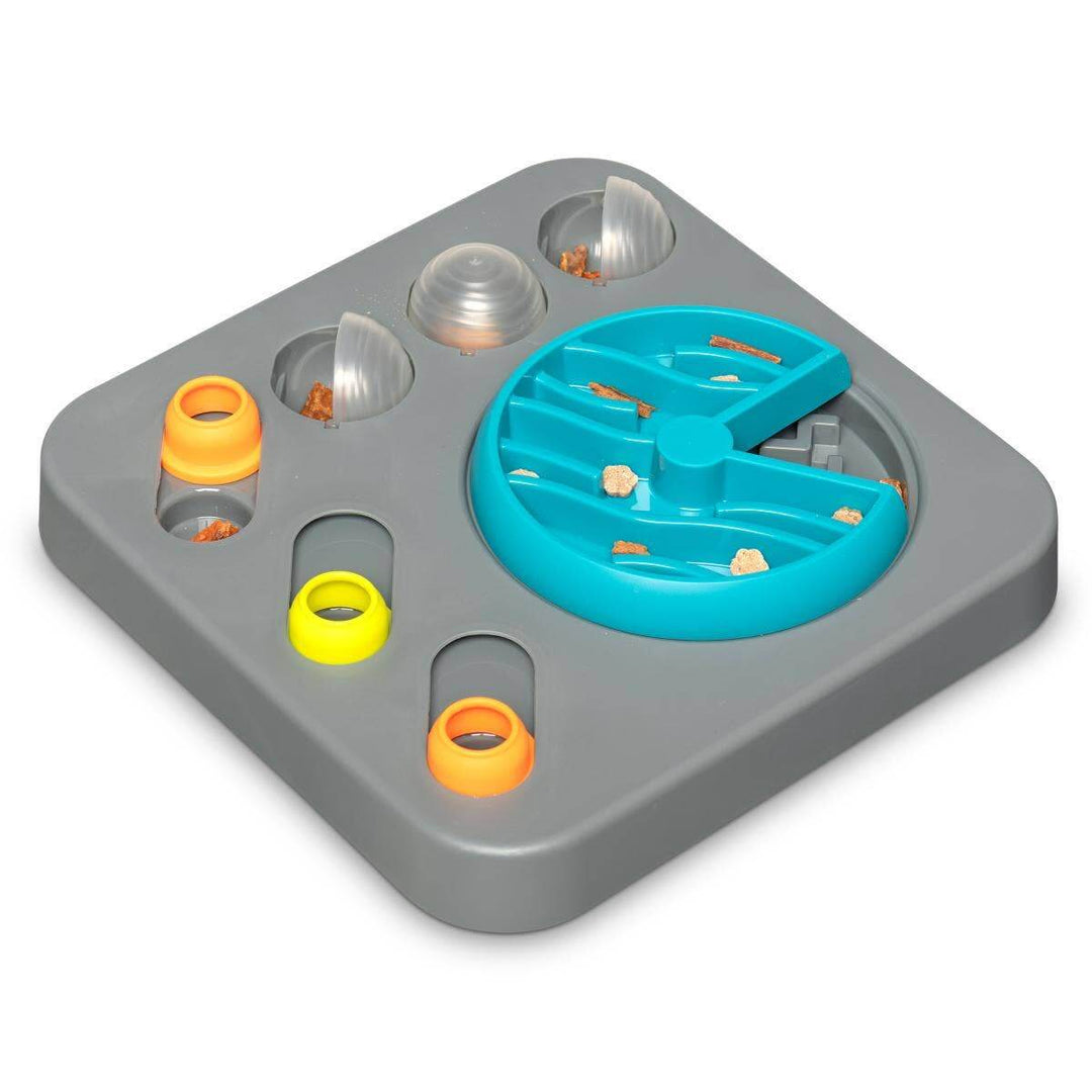 Messy Mutts Flip & Slide dog puzzle filled with treats in multiple compartments.