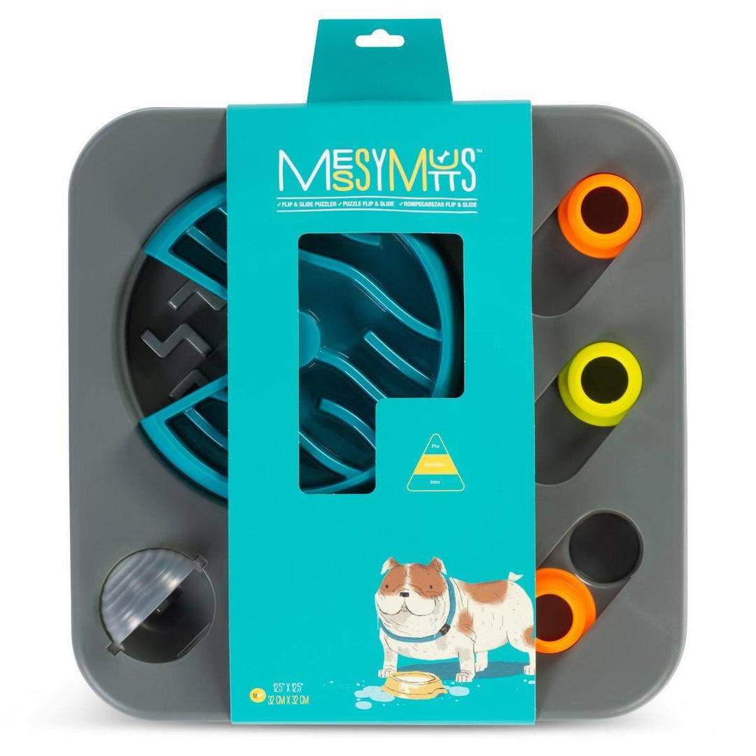 Messy Mutts Flip & Slide interactive dog puzzle in retail packaging.