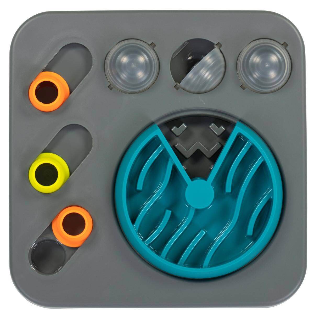 Gray toy with colorful circular components on a white background