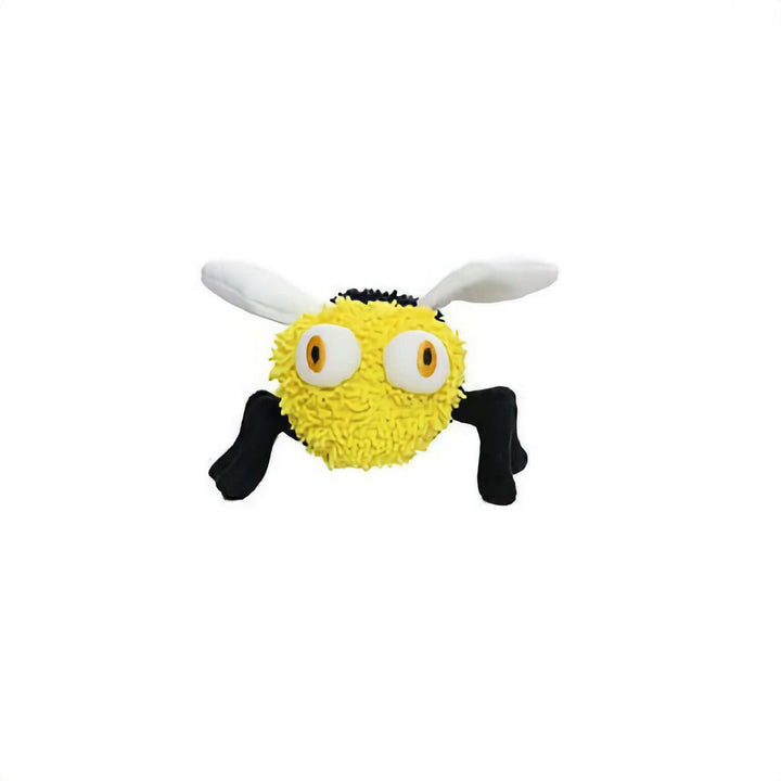 A plush bee-shaped dog toy with a fuzzy yellow body, black stripes, white wings, and large cartoon eyes, centered on a plain white background.
