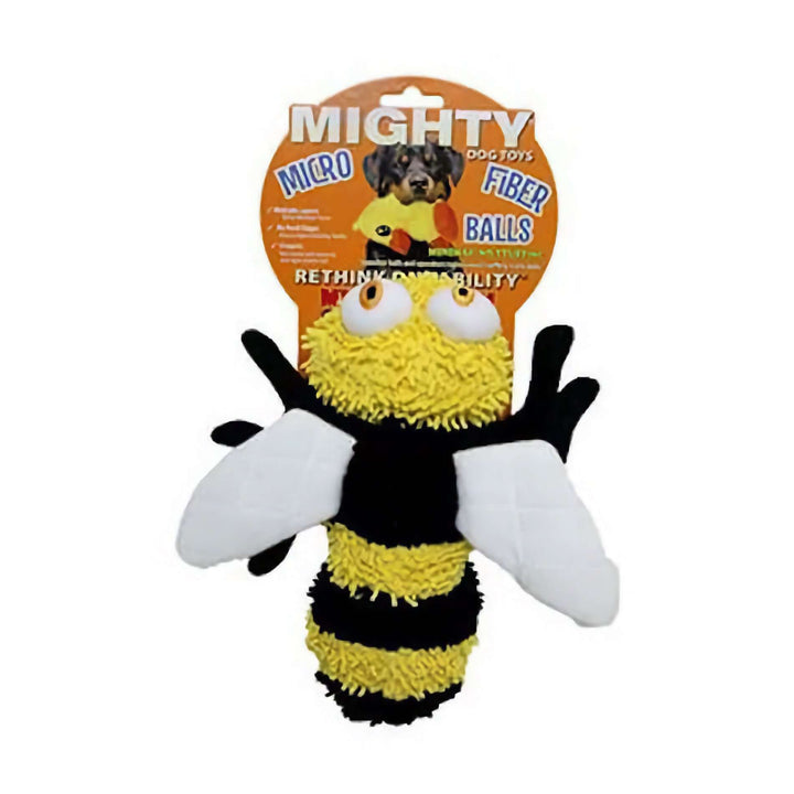 Dog toy shaped like a bee with packaging labeled 'Mighty' on a white background