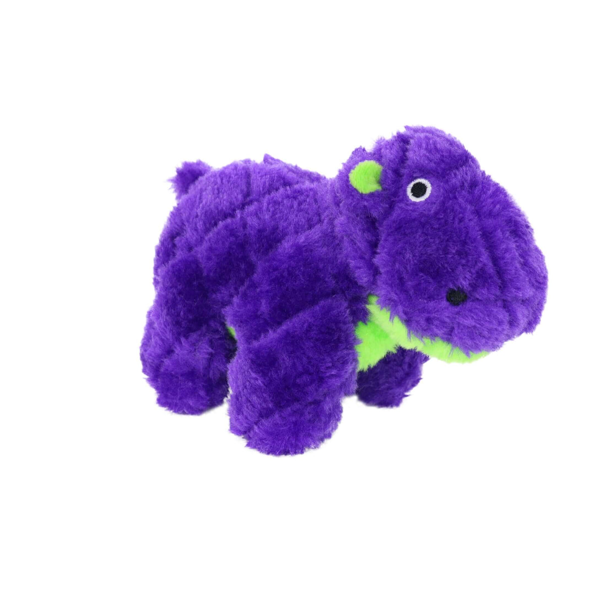 Mighty® Safari Hippo Junior plush dog toy in purple with lime green ear and chin accents on a white background.