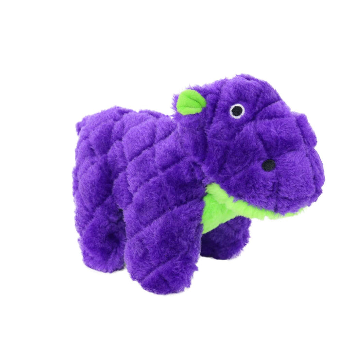A purple hippo-shaped plush dog toy with a quilted texture, featuring bright green accents on its ears and under its chin, set against a plain white background.