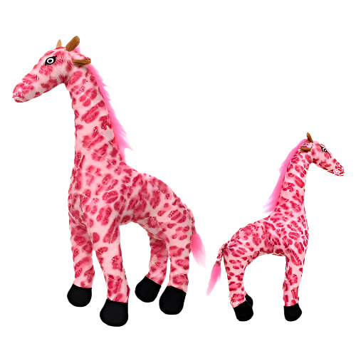 Two sizes of Mighty® Safari Pink Giraffe plush dog toys shown side by side.