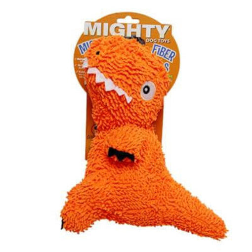 The orange dinosaur plush dog toy in its original packaging labeled "Mighty Microfiber Balls," showcasing its textured body and cartoonish expression.