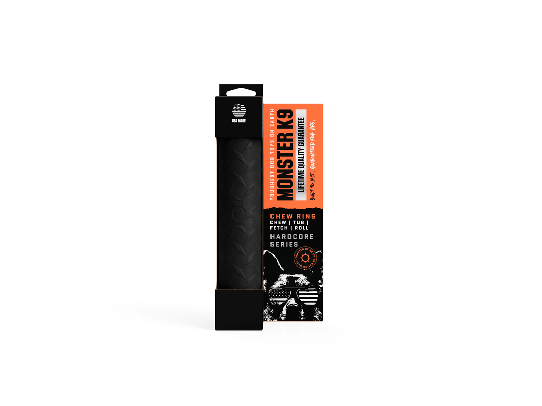 Monster K9 Chew Stick durable black rubber dog toy with retail packaging