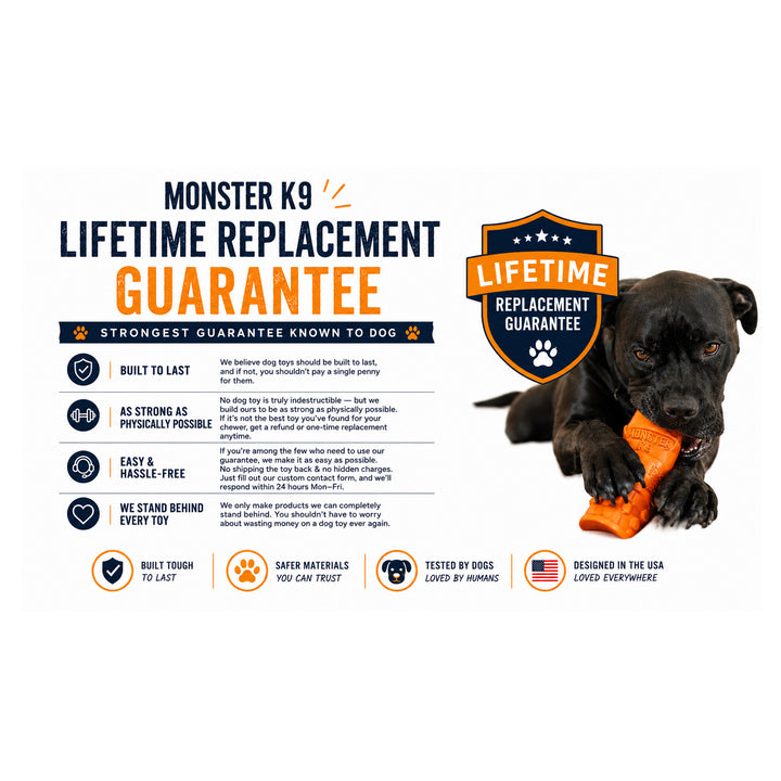 Promotional graphic for Monster K9 Lifetime Replacement Guarantee, featuring text callouts, icons, and a black dog holding an orange toy on a white background.