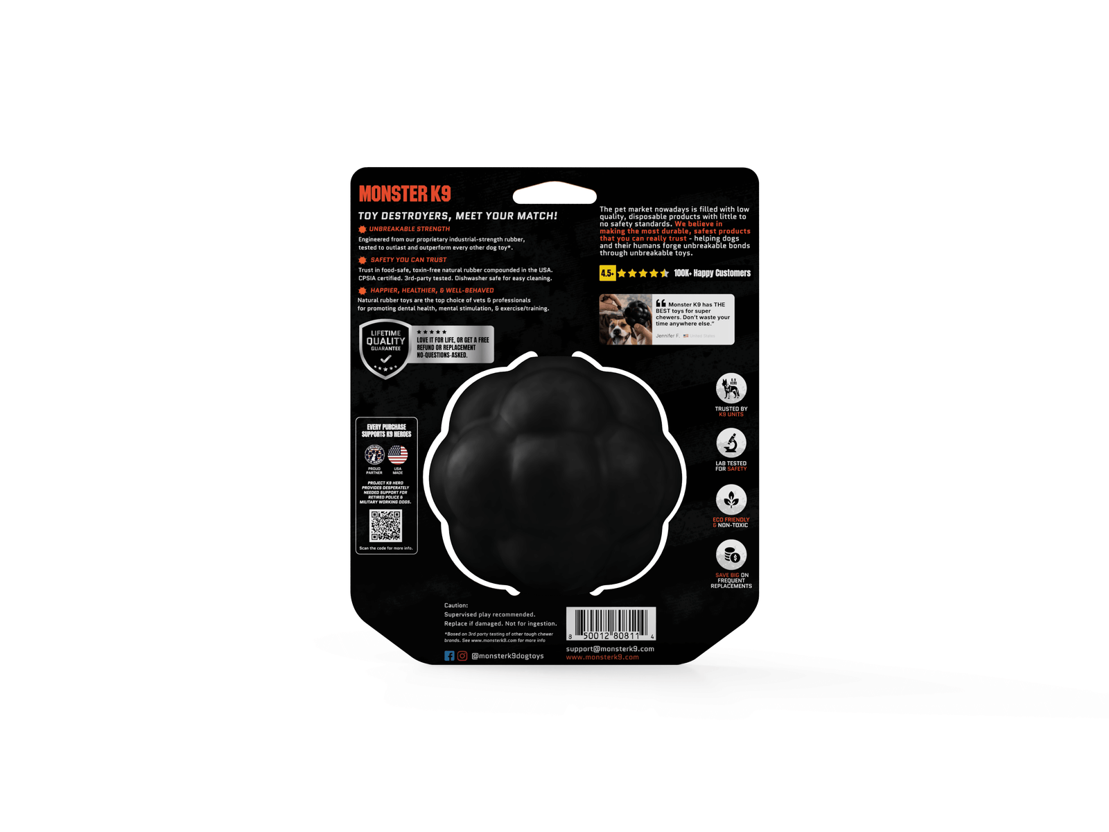 Black dog toy packaging with branding and product details on a white background