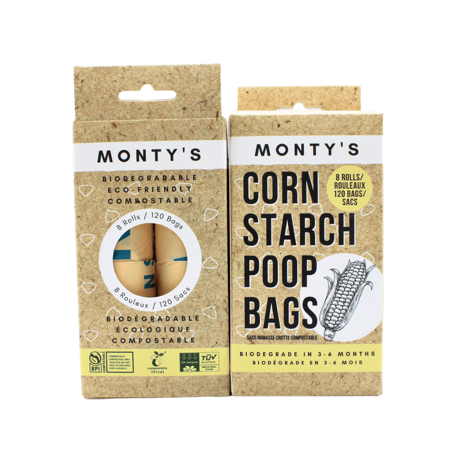 Monty's compostable cornstarch poop bags in eco-friendly packaging, featuring 8 rolls and 120 biodegradable bags for sustainable pet waste disposal.