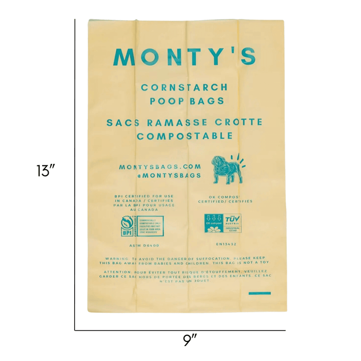 Monty's compostable cornstarch poop bag measuring 13x9 inches, featuring eco-friendly certifications for sustainable pet waste disposal.