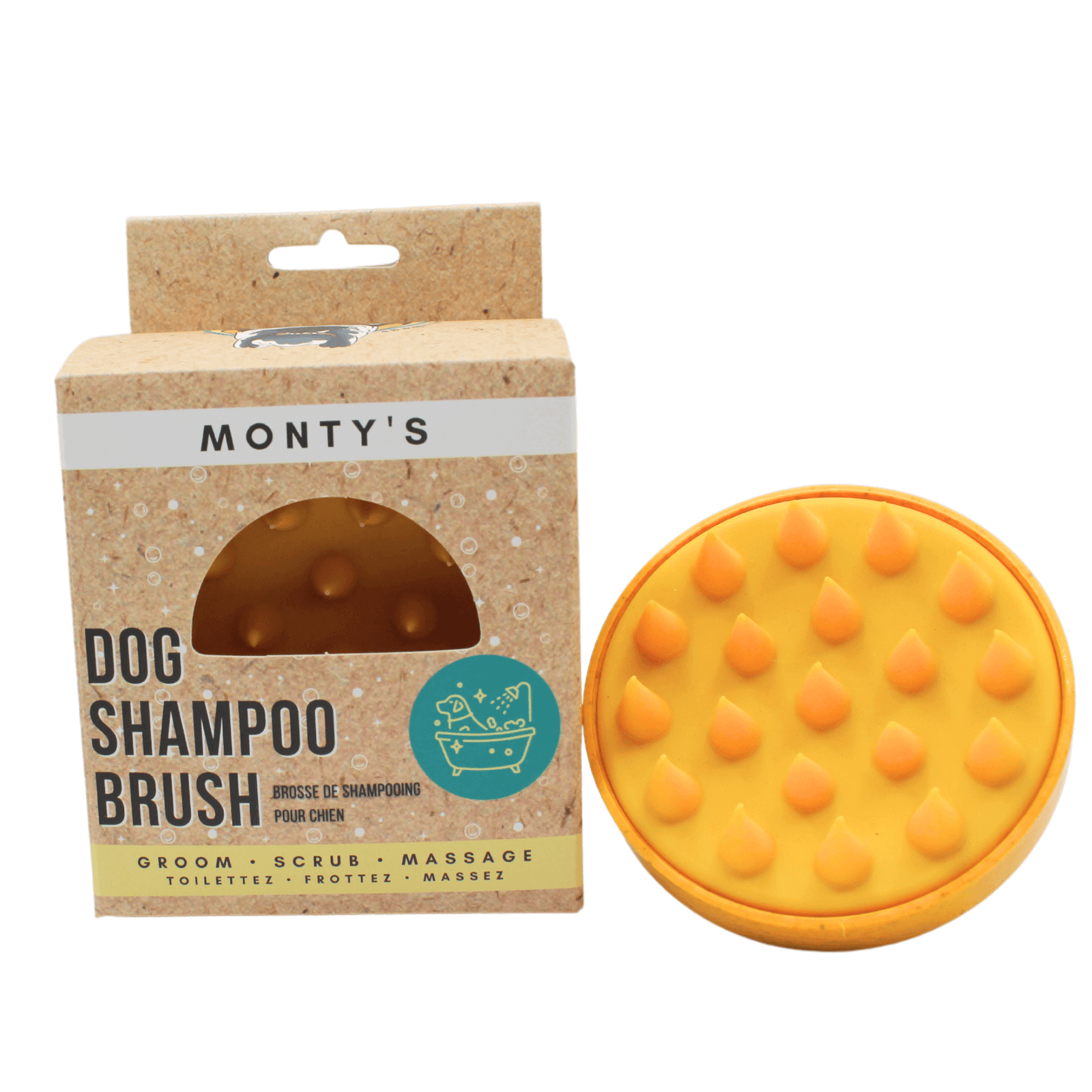 Monty's dog shampoo brush in bright orange with eco-friendly packaging, designed for grooming, scrubbing, and massaging pets.