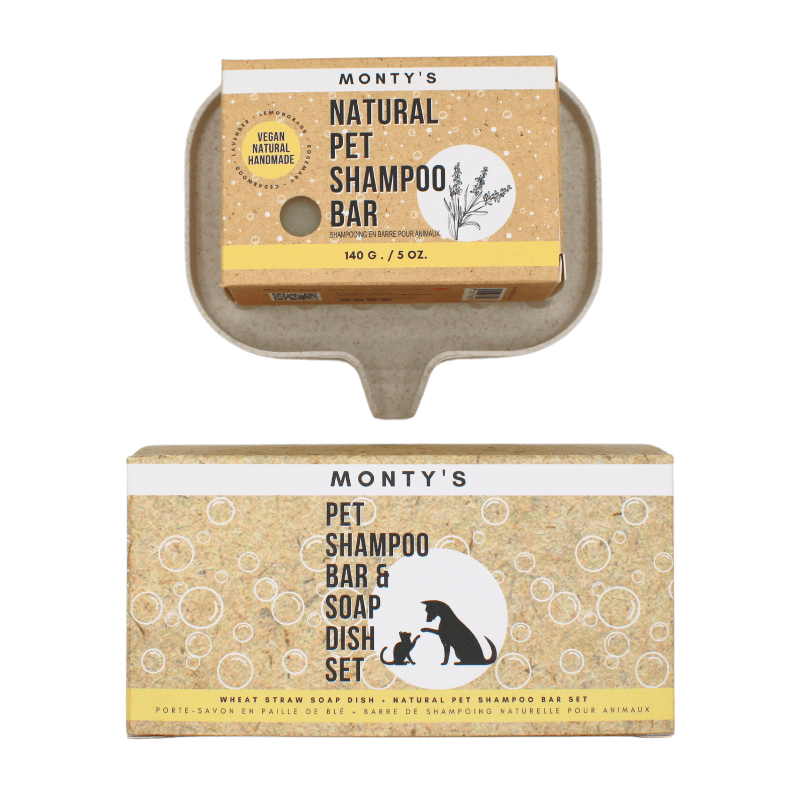 Monty's pet shampoo bar in eco-friendly packaging with a wheat straw soap dish, showcasing a natural and vegan grooming set for pets.