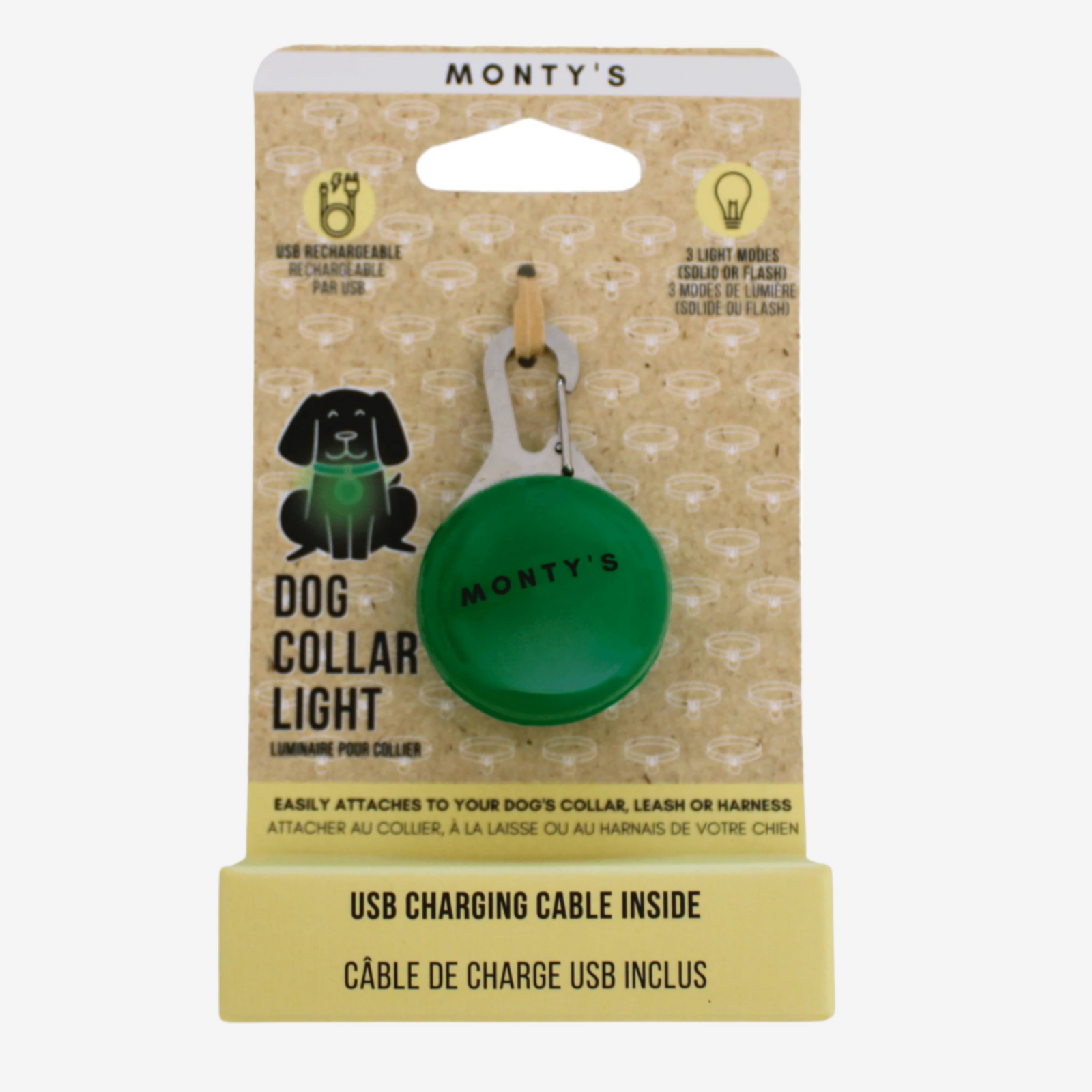 Green USB rechargeable dog collar light by Monty’s with clip, 3 light modes, on retail packaging