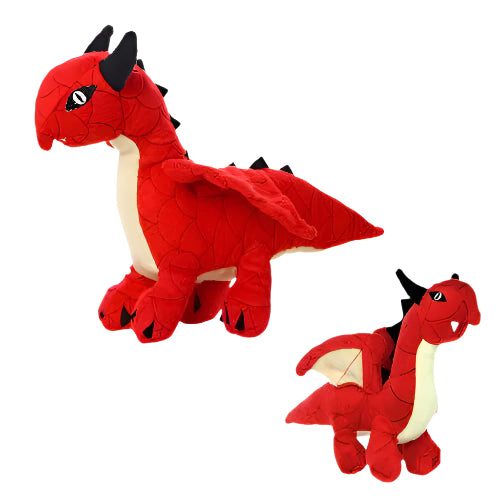 Two red dragon plush dog toys with black spikes and beige bellies, showing different angles of the toy design.