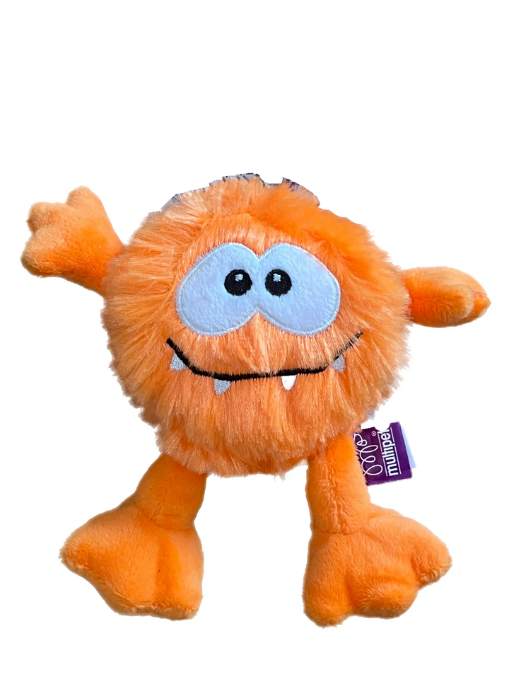 Orange plush toy with a blue face on a white background