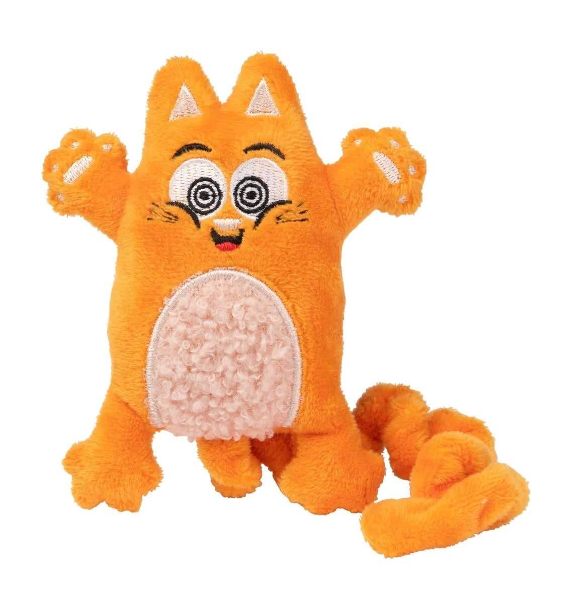 Orange plush toy with a cartoonish face on a white background