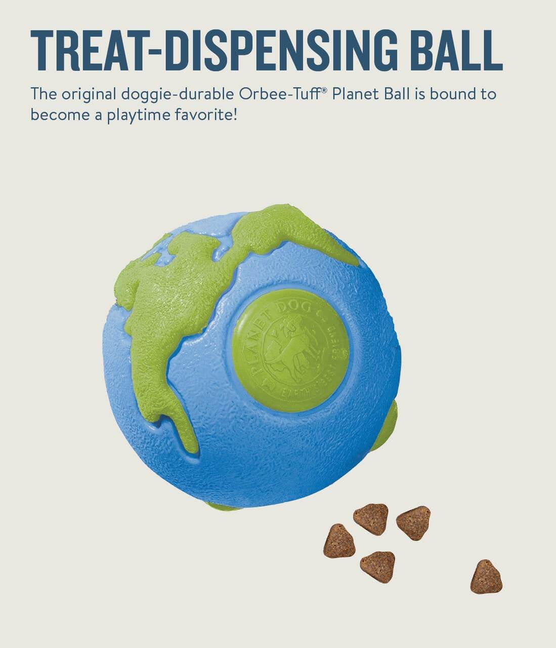 Orbee-Tuff Planet Ball dog toy by Planet Dog, shown dispensing treats with durable blue and green Earth design.