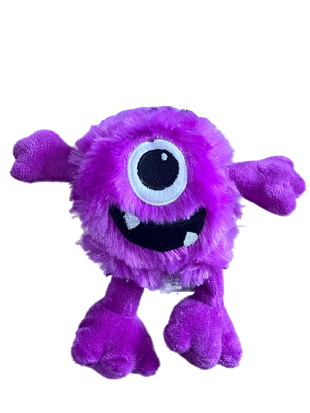 Purple plush toy with a single eye on a white background