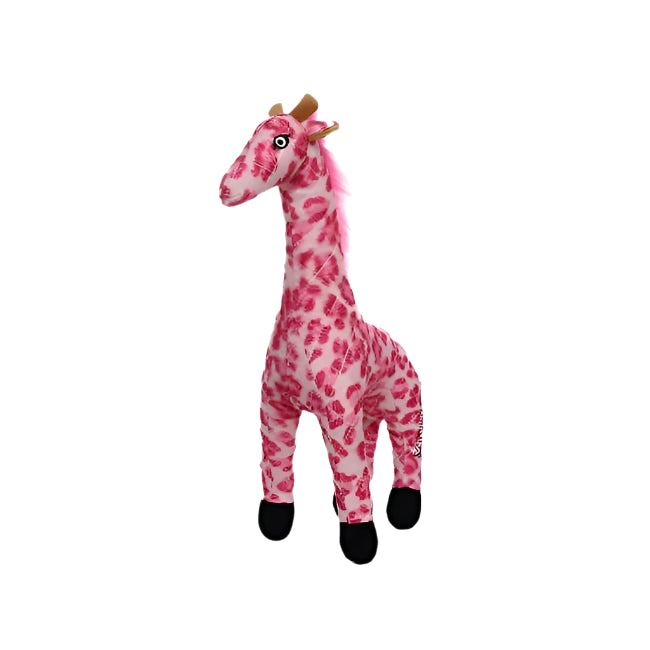 Pink plush giraffe dog toy with black hooves and fun print design—extra-large soft toy perfect for cuddling or gentle indoor play.