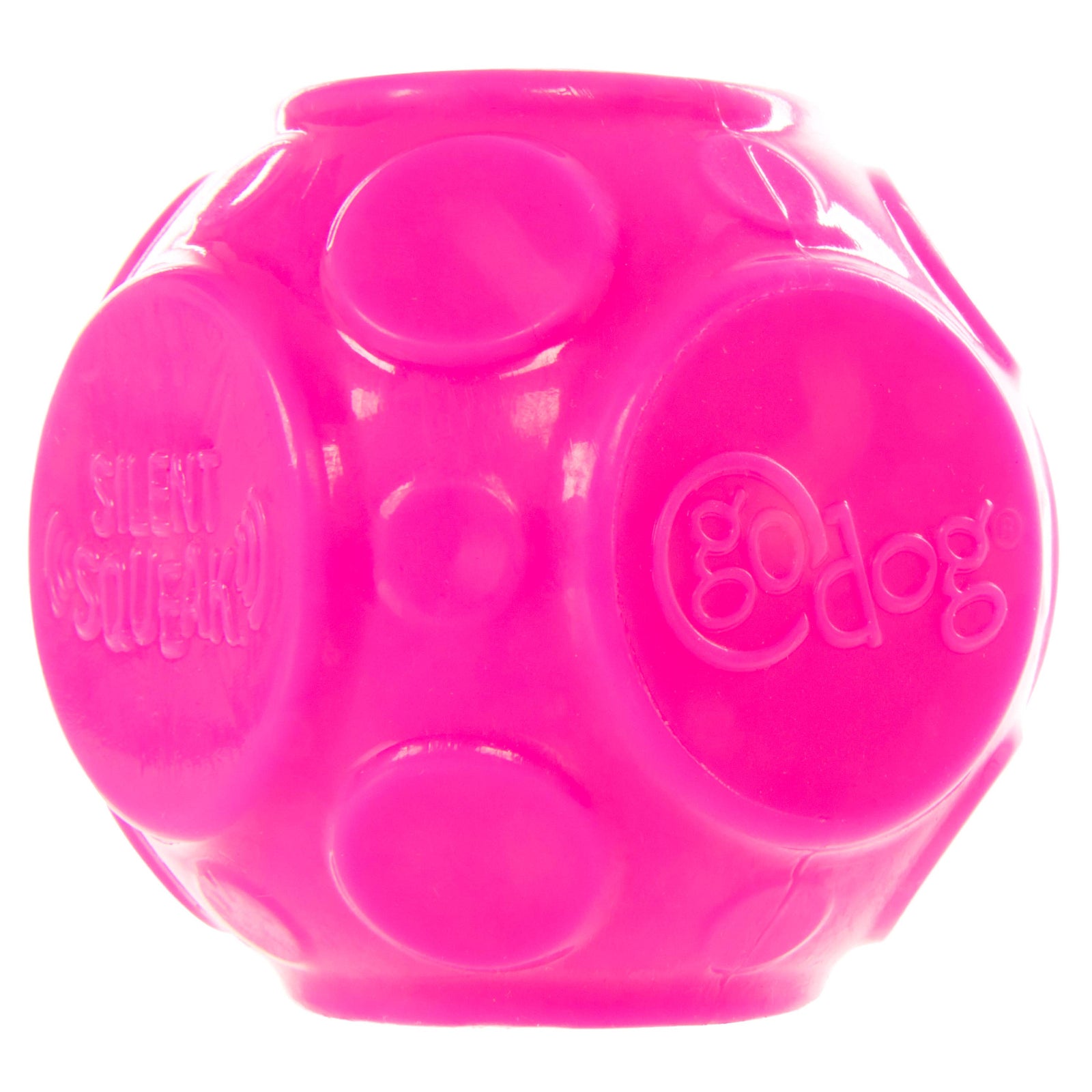 Bright pink GoDog Silent Squeak ball dog toy with textured surface for quiet indoor play.