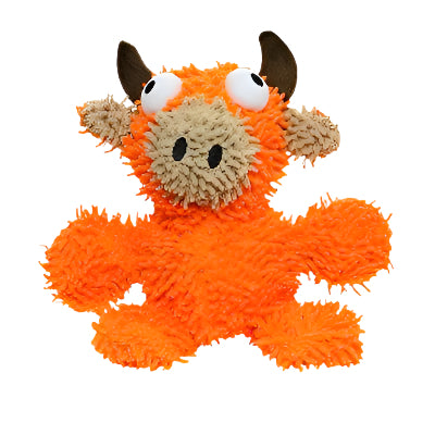 Front view of orange microfiber bull-shaped dog toy with oversized eyes, brown horns, and tan snout
