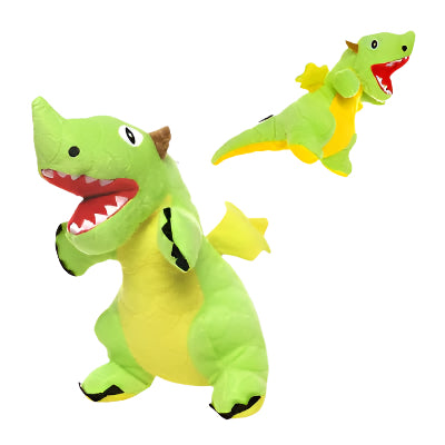 Bright green dragon-shaped plush dog toy with red mouth, yellow wings, and textured scales, designed for interactive play.