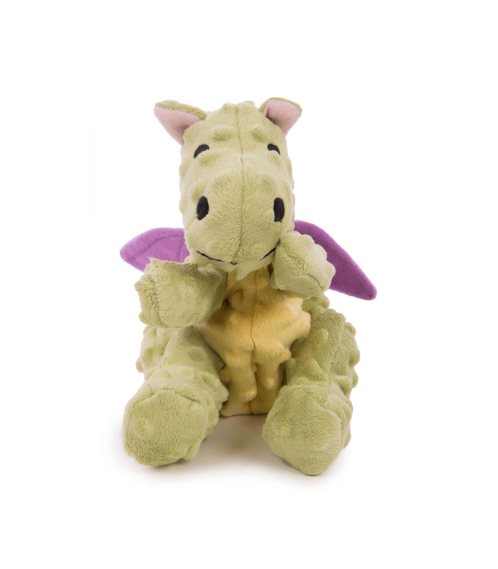 Green plush dragon dog toy with purple wings and textured body, ideal for gentle chewers
