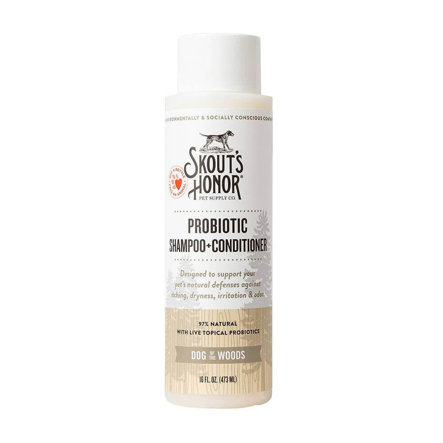 Skout’s Honor Probiotic Dog Shampoo and Conditioner, 16oz bottle with natural topical probiotics for dog skin irritation and odor relief