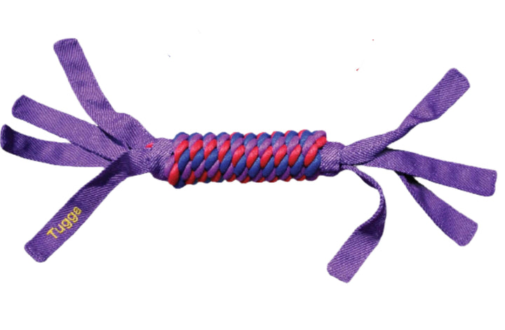 Purple KONG Tugga Wubba dog toy with red and blue rope core and reinforced tails for rugged tugging sessions.